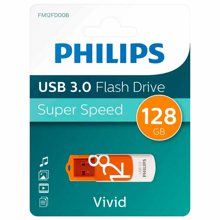 Флеш-диск 128 GB PHILIPS VIVID, разъем USB 3.0, желтый, FM12FD00B/97, 514097