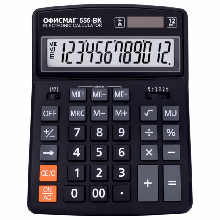 Калькулятор настольный ОФИСМАГ 555-BK (206x155 мм), 12 разрядов, двойное питание, ЧЕРНЫЙ, 271729, 271729