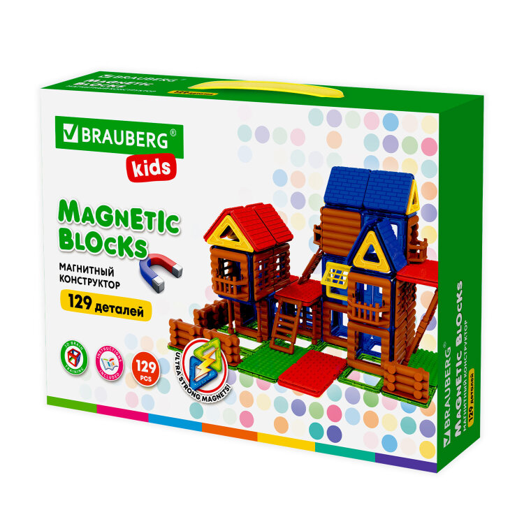 Магнитный конструктор MEGA MAGNETIC BUILD BLOCKS-129 "Построй дом", 129 деталей, BRAUBERG KIDS, 663850, 663850