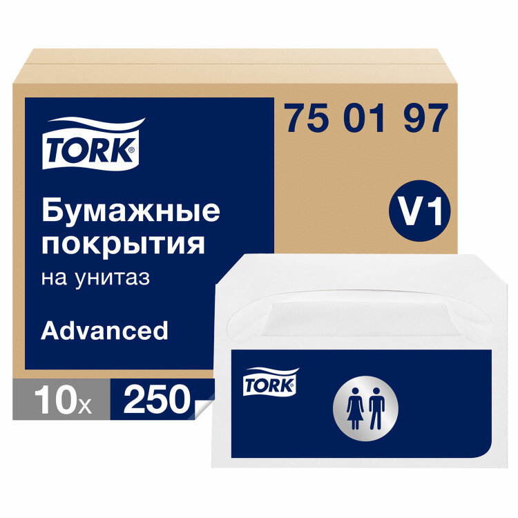 Покрытия на унитаз Tellus/TORK (Система V1), 1/2 сложения, КОМПЛЕКТ 250 шт., 37х41 см, Advanced, белые, 750197, 608716