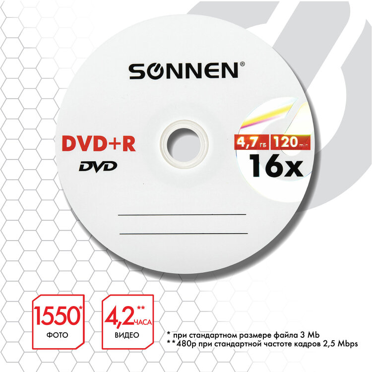 Диски DVD+R SONNEN, 4,7 Gb, 16x, Cake Box (упаковка на шпиле), КОМПЛЕКТ 25 шт., 513532, 513532
