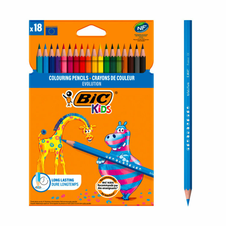 Карандаши цветные BIC "Kids ECOlutions Evolution", 18 цветов, пластиковые, заточенные, европодвес, 937513, 181124