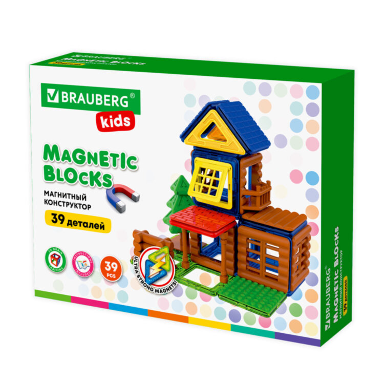 Магнитный конструктор MAGNETIC BUILD BLOCKS-39 "Построй дом", 39 деталей, BRAUBERG KIDS, 663849, 663849