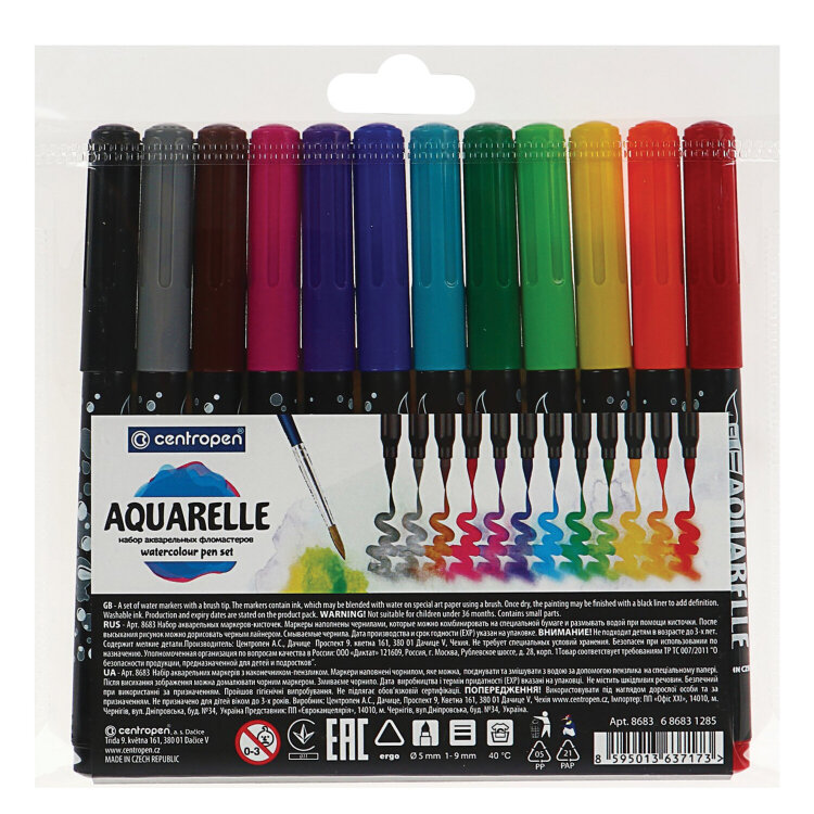 Маркеры-кисти акварельные 12 ЦВЕТОВ CENTROPEN "Aquarelle", линия письма 1-9 мм, 8683/12ET, 6 8683 1201, 152088