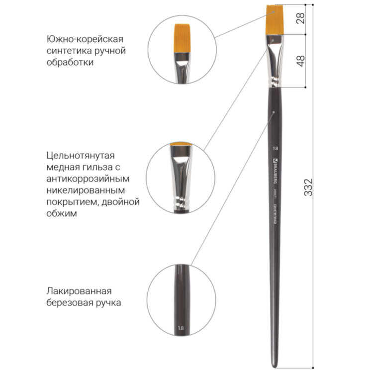 Кисть художественная профессиональная BRAUBERG ART CLASSIC, синтетика жесткая, плоская, № 18, длинная ручка, 200671, 200671