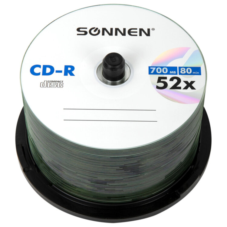 Диски CD-R SONNEN 700 Mb 52x Cake Box (упаковка на шпиле), КОМПЛЕКТ 50 шт., 512570, 512570