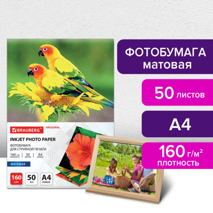 Фотобумага матовая, А4, 160 г/м2, односторонняя, 50 листов, BRAUBERG ORIGINAL, 363985, 363985