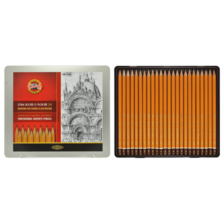 Карандаши чернографитные KOH-I-NOOR 1500, НАБОР 24 шт., 8В-10H, без резинки, металлическая коробка, 1504024001PL, 181070