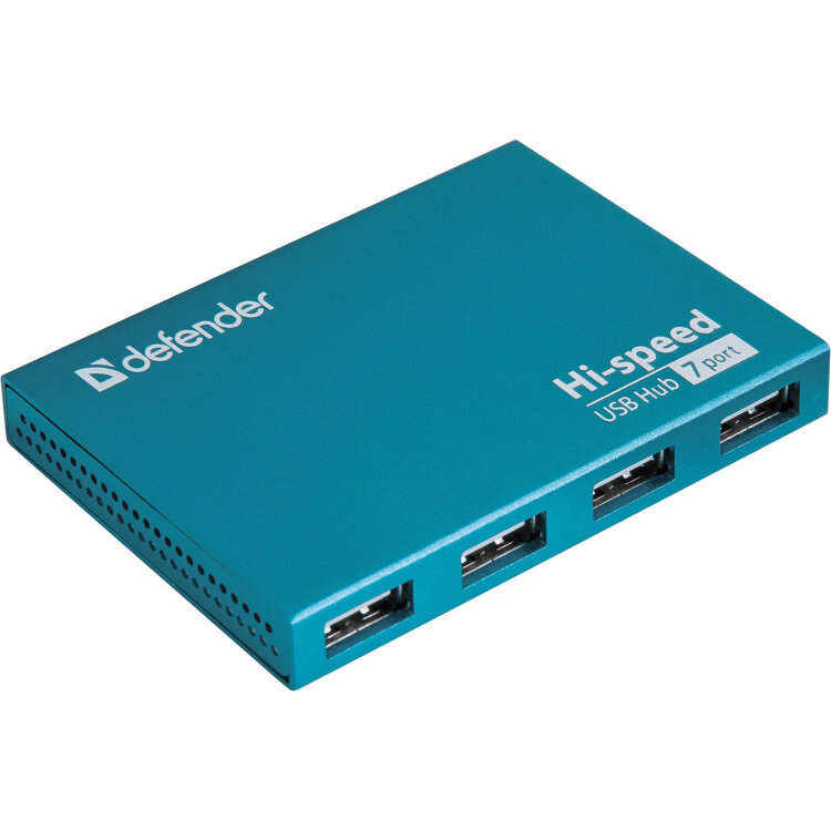 Хаб USB 2.0, 7 портов, порт для питания, синий, DEFENDER SEPTIMA SLIM, 83505, 511767