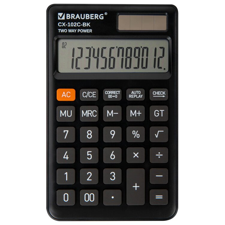Калькулятор карманный BRAUBERG CX-102C-BK (76x126 мм), 12 разрядов, двойное питание, ЧЕРНЫЙ, 272647, 272647