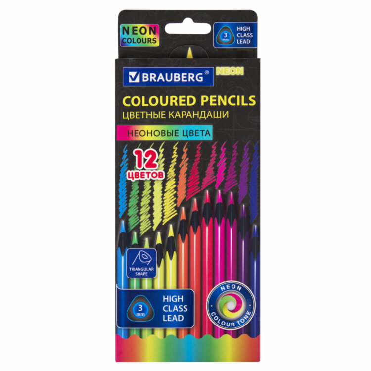 Карандаши цветные BRAUBERG NEON, 12 неоновых цветов, трехгранные, грифель 3 мм, черное дерево, 181852, 181852