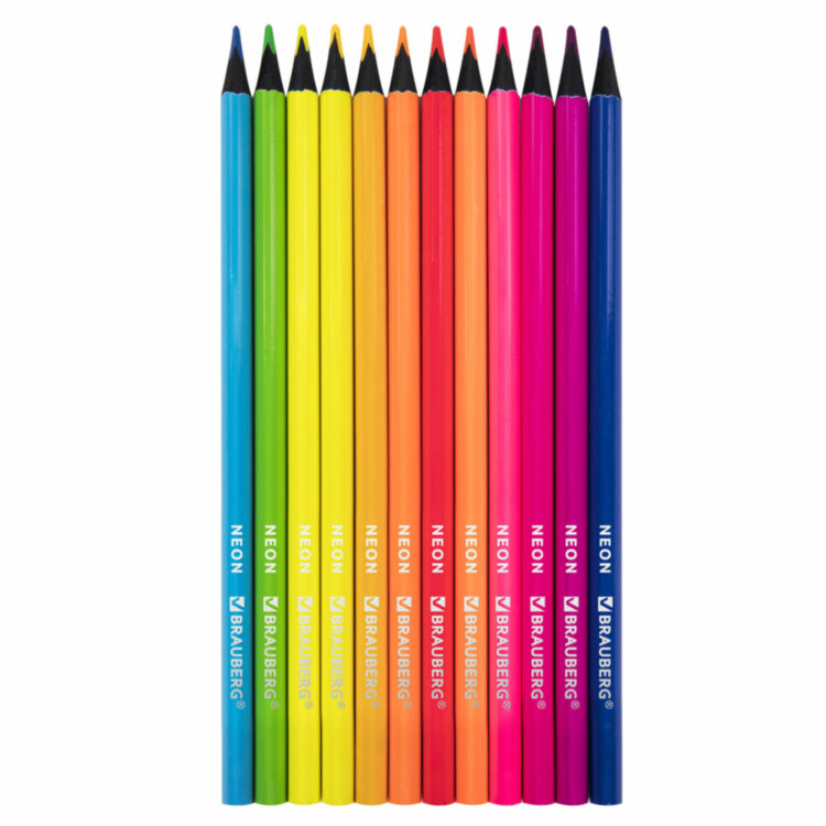 Карандаши цветные BRAUBERG NEON, 12 неоновых цветов, трехгранные, грифель 3 мм, черное дерево, 181852, 181852