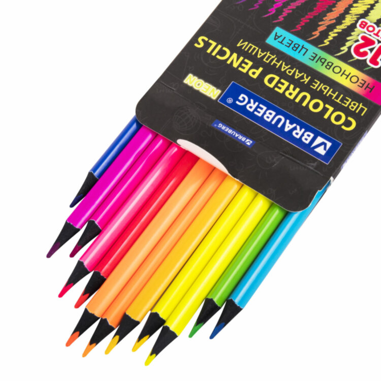 Карандаши цветные BRAUBERG NEON, 12 неоновых цветов, трехгранные, грифель 3 мм, черное дерево, 181852, 181852