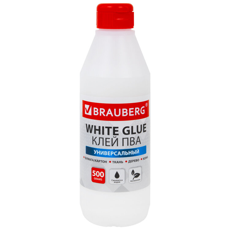 Клей ПВА BRAUBERG, 0,5 кг, универсальный (бумага, картон, дерево), 600982, 600982