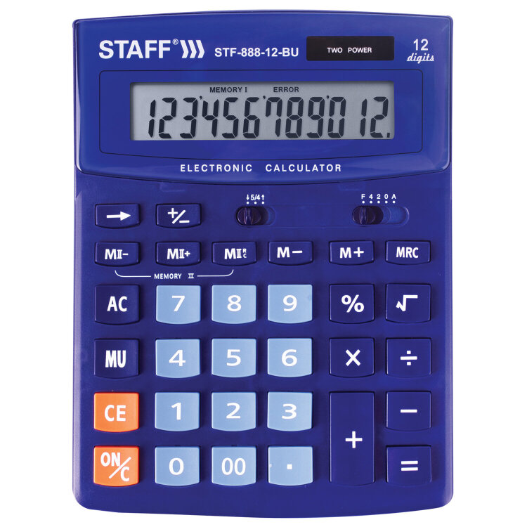 Калькулятор настольный STAFF STF-888-12-BU (200х150 мм) 12 разрядов, двойное питание, СИНИЙ, 250455, 250455