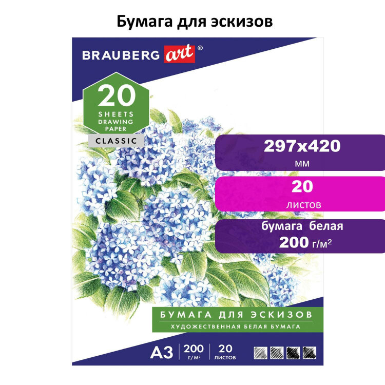 Папка для рисования БОЛЬШОГО ФОРМАТА А3, 20 л., 200 г/м2, BRAUBERG, 297х420 мм, 129224, 129224