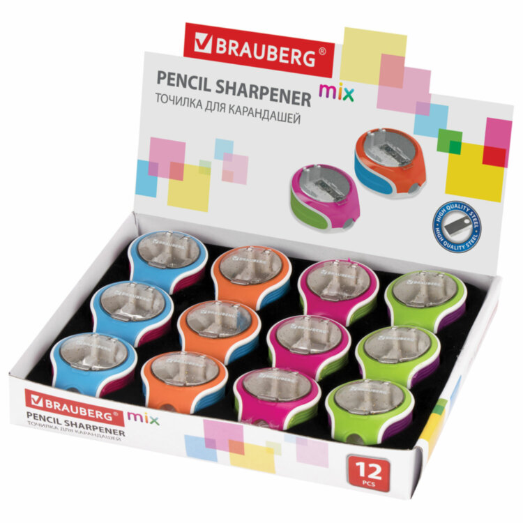 Точилка BRAUBERG "Mix Soft", пластиковая, с контейнером, корпус ассорти, 229585, 12 штук, 229585