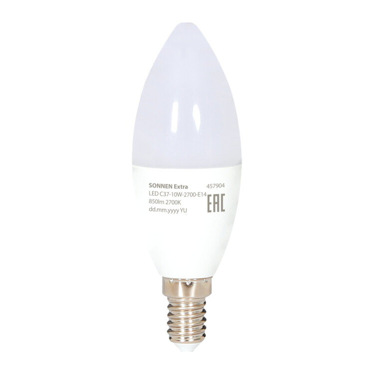 Лампа светодиодная SONNEN EXTRA, 10 (85) Вт, Е14, свеча, теплый белый, 30000 ч, LED C37-10W-2700-Е14, 457904, 457904