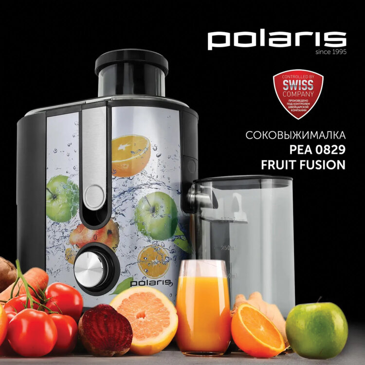 Соковыжималка POLARIS PEA 0829 Fruit Fusion, 800 Вт, стакан 0,35 л, емкость жмыха 1 л, пластик, сталь/черный, 15935, 456738
