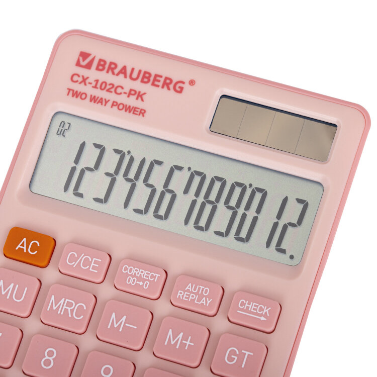 Калькулятор карманный BRAUBERG CX-102C-PK (76x126 мм), 12 разрядов, двойное питание, РОЗОВЫЙ, 272650, 272650