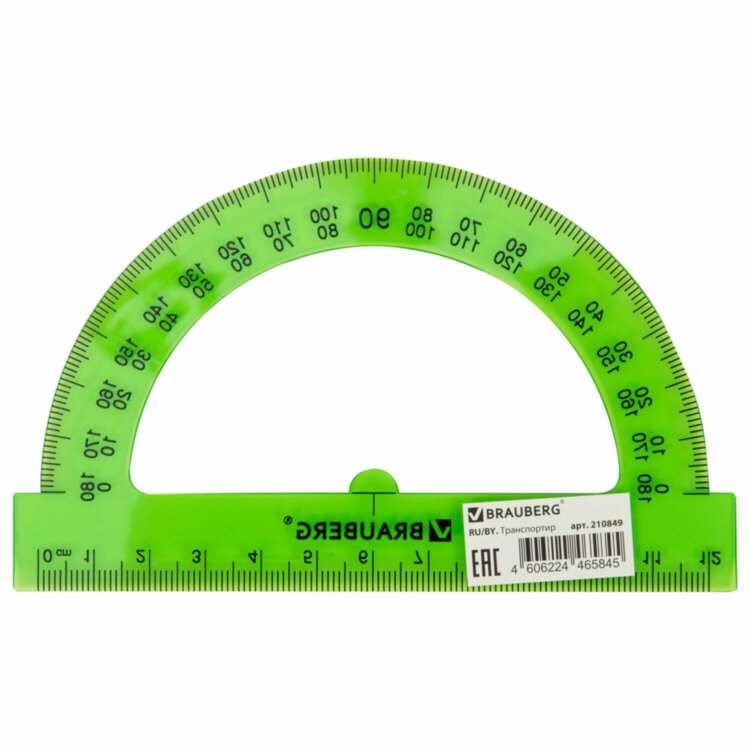 Транспортир 12 см, 180 градусов, BRAUBERG, прозрачный, неоновый, ассорти, 210849, 210849