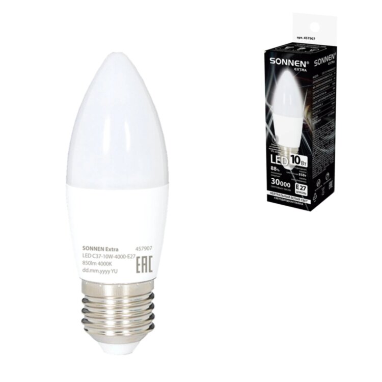 Лампа светодиодная SONNEN EXTRA, 10 (85) Вт, Е27, свеча, нейтральный белый, 30000 ч, LED C37-10W-4000-Е27, 457907, 457907