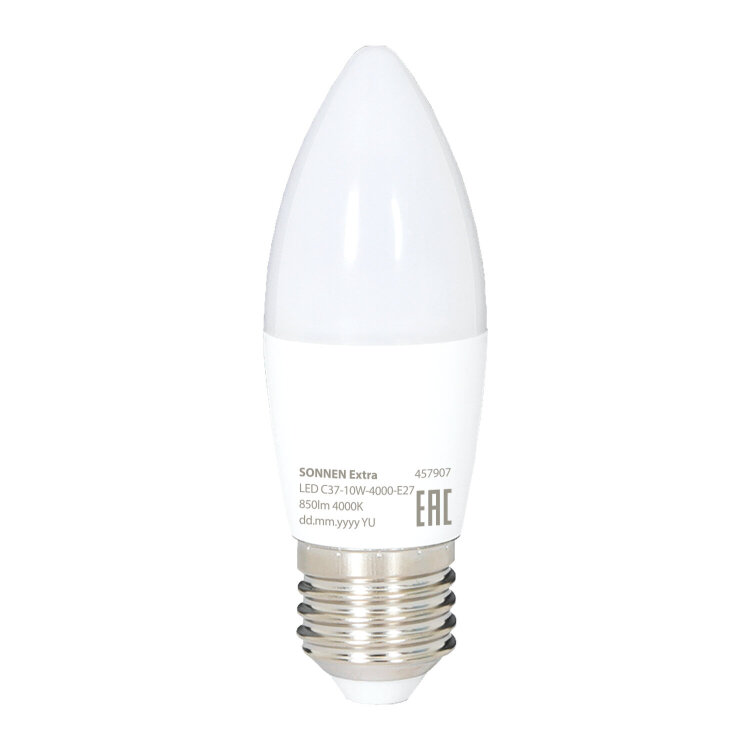 Лампа светодиодная SONNEN EXTRA, 10 (85) Вт, Е27, свеча, нейтральный белый, 30000 ч, LED C37-10W-4000-Е27, 457907, 457907