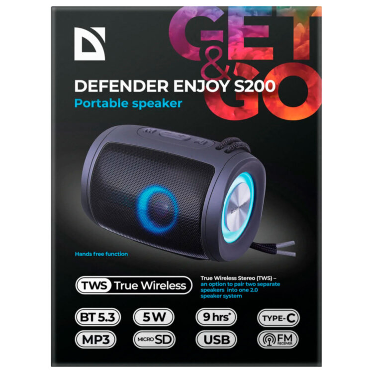 Колонка портативная DEFENDER Enjoy S200, 2.0, 5 Вт, Bluetooth, FM-тюнер, USB, microSD, 1200 мАч, 65200, 514282