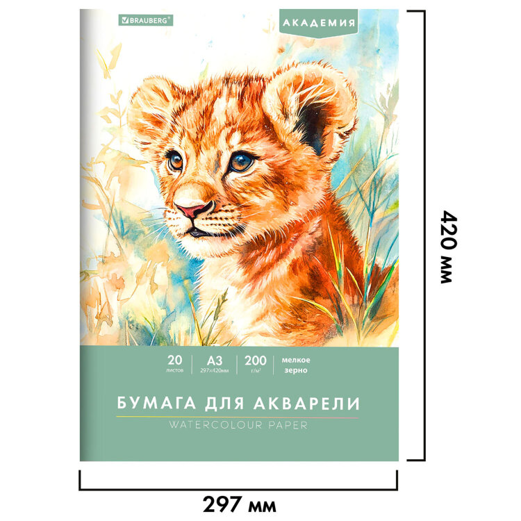 Папка для акварели БОЛЬШАЯ А3, 20 л., 200 г/м2, 297х420 мм, BRAUBERG АКАДЕМИЯ, "Львёнок", 117745, 117745