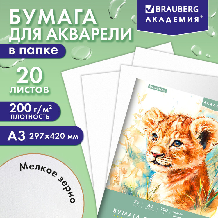 Папка для акварели БОЛЬШАЯ А3, 20 л., 200 г/м2, 297х420 мм, BRAUBERG АКАДЕМИЯ, "Львёнок", 117745, 117745