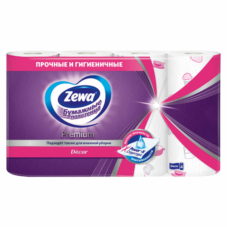Полотенца бумажные впитывающие 2-слойные, 4 рулона (4х14 м), ZEMMA/ZEWA Premium Декор, 1441241, 113849