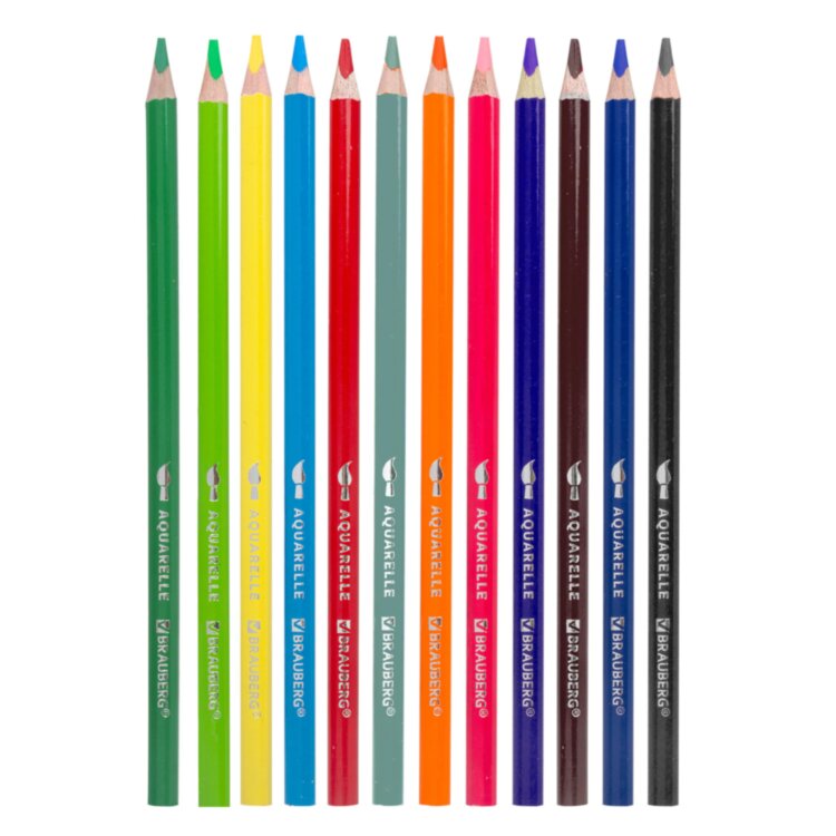 Карандаши цветные акварельные BRAUBERG PREMIUM AQUARELLE, 12 цветов, трехгранные, утолщенный грифель 4 мм, натуральное дерево, 181671, 181671