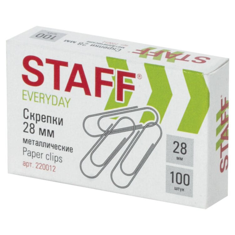 Скрепки STAFF "EVERYDAY", 28 мм, металлические, 100 шт., в картонной коробке, Россия, 220012, 220012