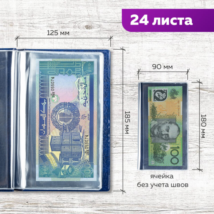 Альбом нумизмата для 24 бон (купюр), 125х185 мм, ПВХ, синий, STAFF, 238079, 238079