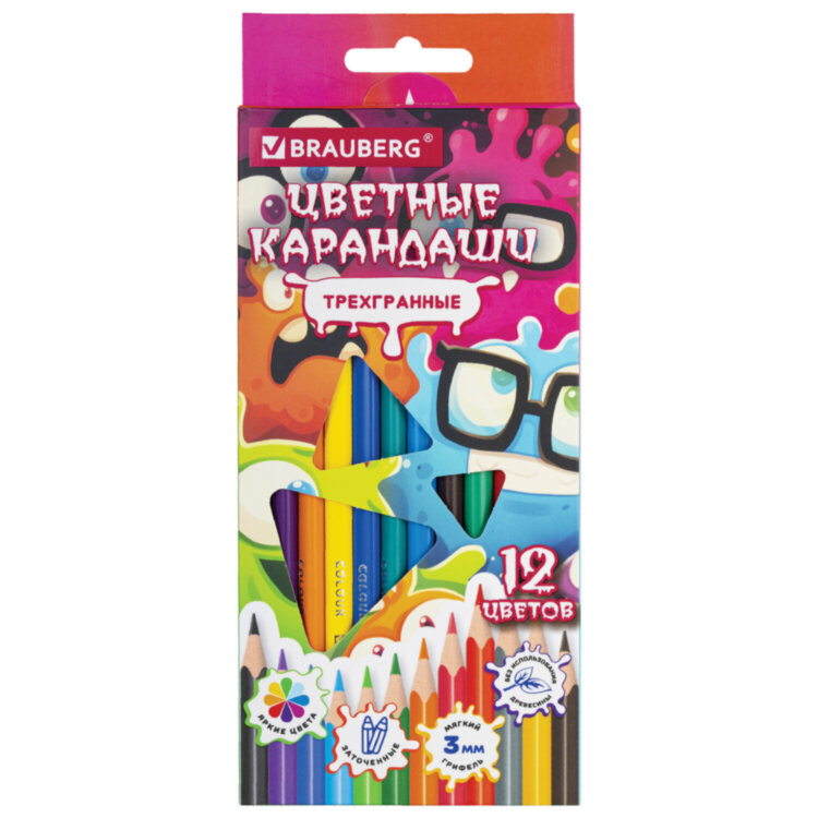Карандаши цветные кросс-серия МОНСТРИКИ, 12 цветов, трехгранные, BRAUBERG, 182112, 182112