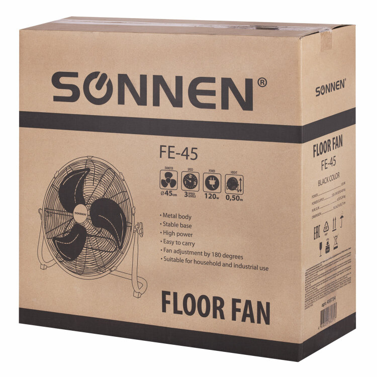 Вентилятор напольный ПОВЫШЕННОЙ МОЩНОСТИ SONNEN FE-45A, d=45 см, 120 Вт, 3 скорости, черный, 455734, 455734