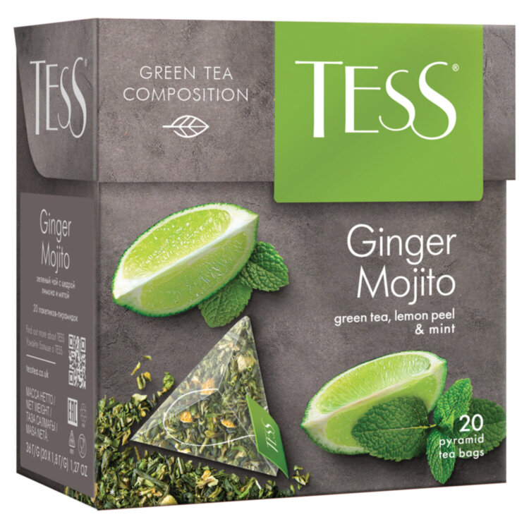Чай TESS "Ginger Mojito" зеленый с ароматом мяты, цедрой лимона, имбирем, 20 пирамидок по 1,8 г, 0788-12, 621041