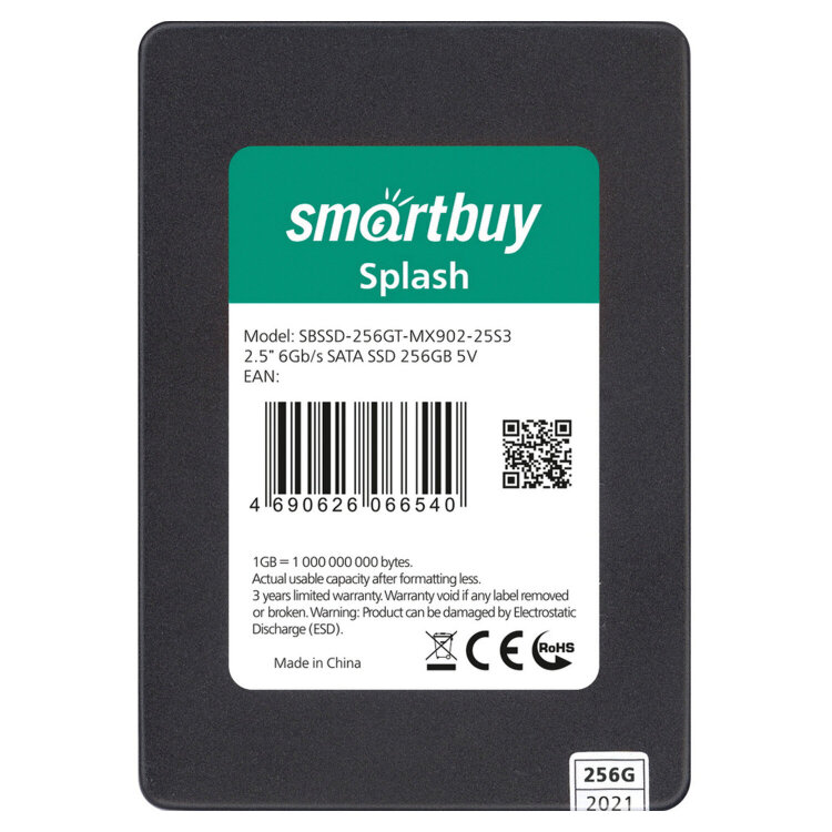 Твердотельный накопитель SSD SMARTBUY Splash 256GB, 2,5", SATA III, черный, SBSSD-256GT-MX902-25S3, 513606