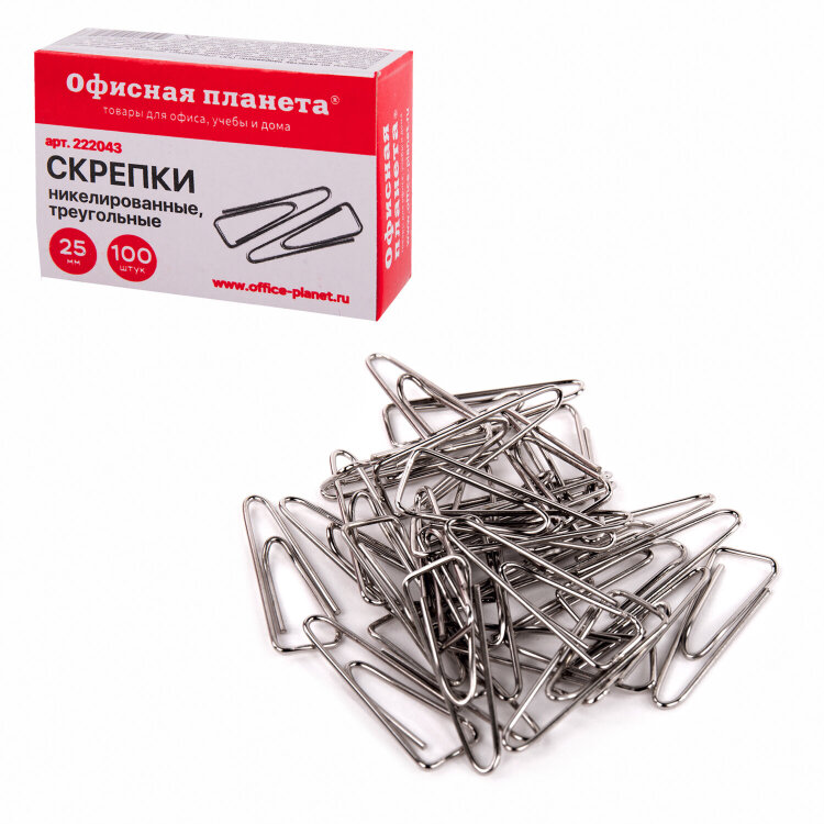 Скрепки ОФИСНАЯ ПЛАНЕТА, 25 мм, никелированные, треугольные, 100 шт., в картонной коробке, 222043, 222043