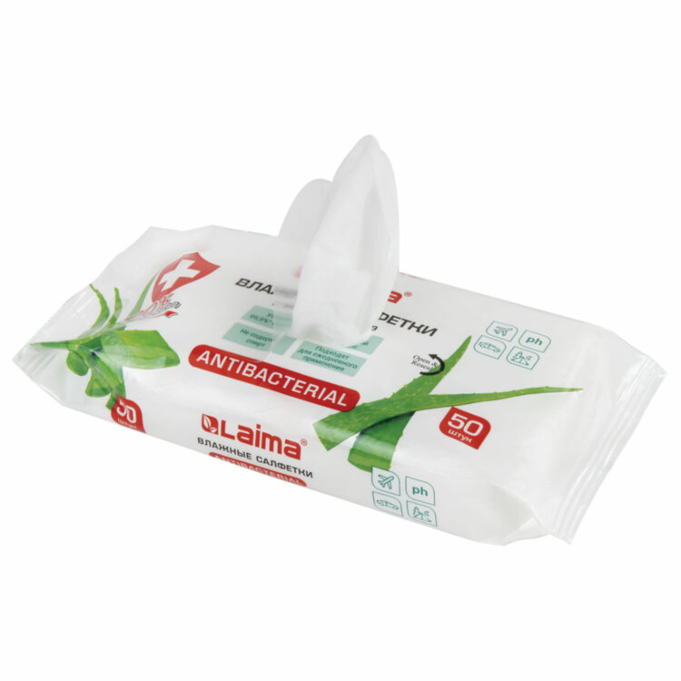 Салфетки влажные 50 шт., АНТИБАКТЕРИАЛЬНЫЕ, с экстрактом алоэ, LAIMA "Antibacterial", 125959, 125959