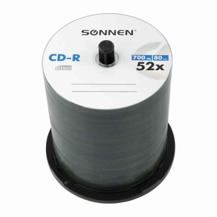Диски CD-R SONNEN, 700 Mb, 52x, Cake Box (упаковка на шпиле) КОМПЛЕКТ 100 шт., 513533, 513533