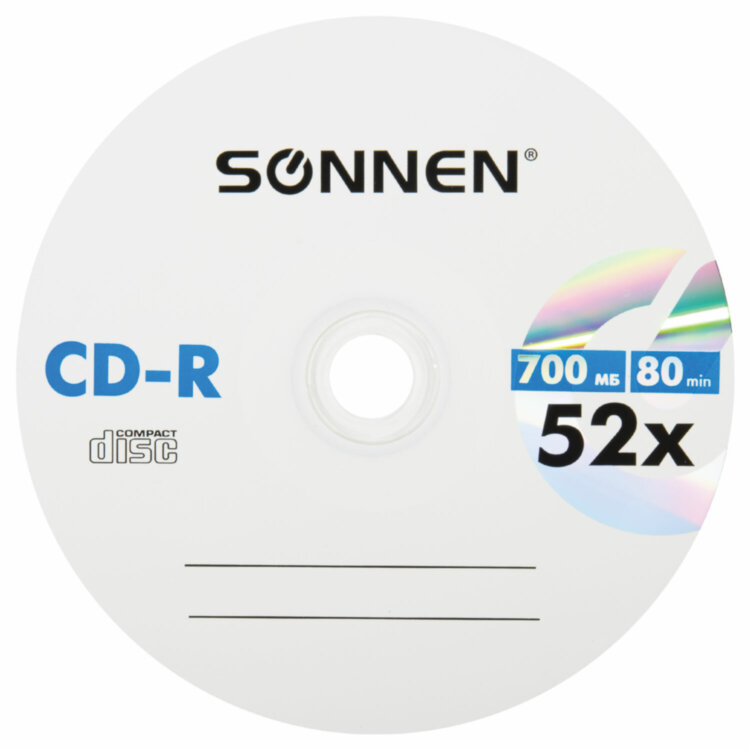 Диски CD-R SONNEN, 700 Mb, 52x, Cake Box (упаковка на шпиле) КОМПЛЕКТ 100 шт., 513533, 513533