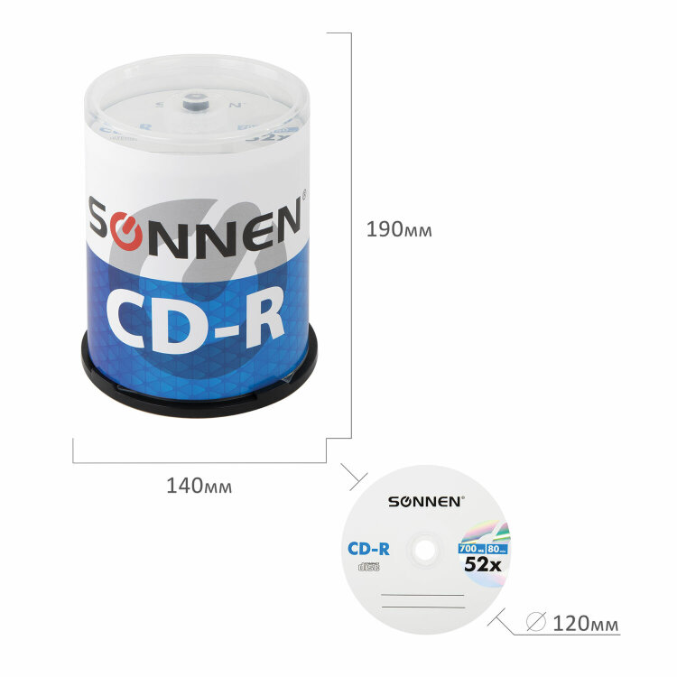 Диски CD-R SONNEN, 700 Mb, 52x, Cake Box (упаковка на шпиле) КОМПЛЕКТ 100 шт., 513533, 513533