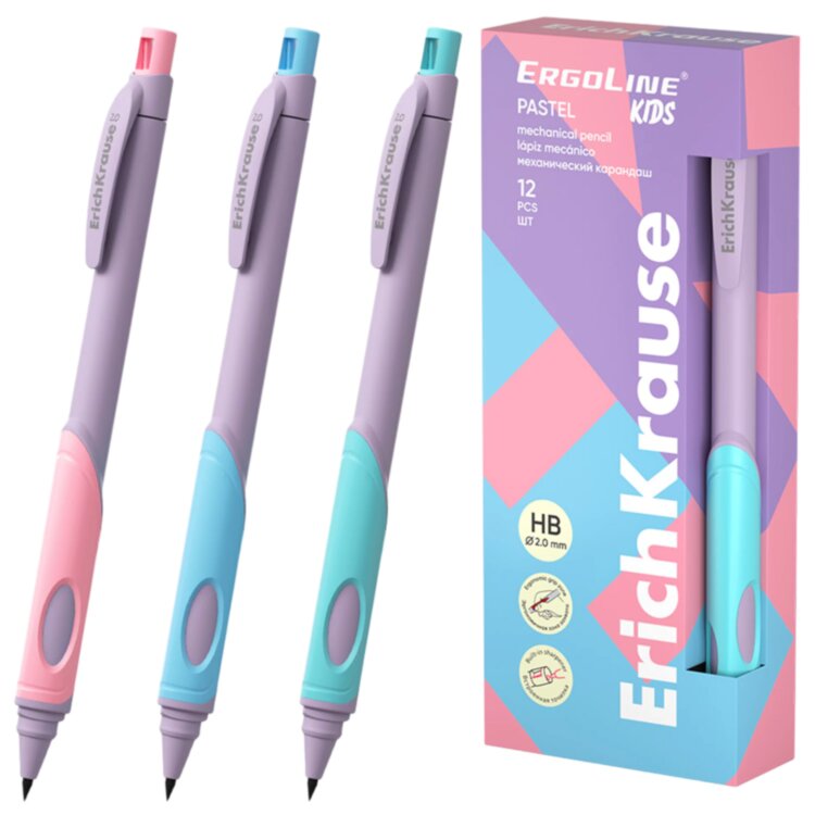 Карандаш механический 2 мм ERICH KRAUSE "ErgoLine Kids Pastel", HB, с точилкой, ассорти, 63833, 182136