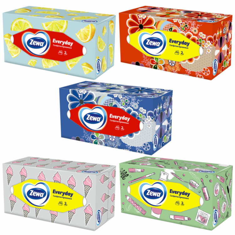 Салфетки косметические 2-слойные в картонном коробе, 250 штук, ZEMMA/ZEWA Everyday, 86791, 114755