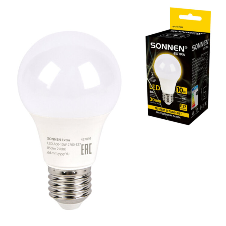 Лампа светодиодная SONNEN EXTRA, 10 (85) Вт, Е27, груша, теплый белый, 30000 ч, LED A60-10W-2700-Е27, 457891, 457891