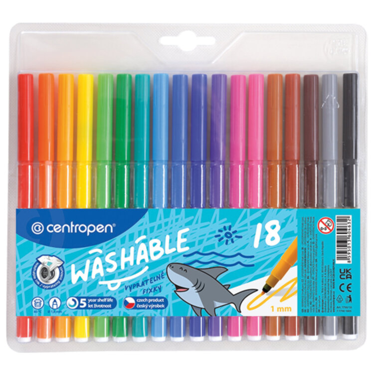 Фломастеры 18 ЦВЕТОВ CENTROPEN "Washable", смываемые, вентилируемый колпачок, 7790/18TP, 777901885, 151158