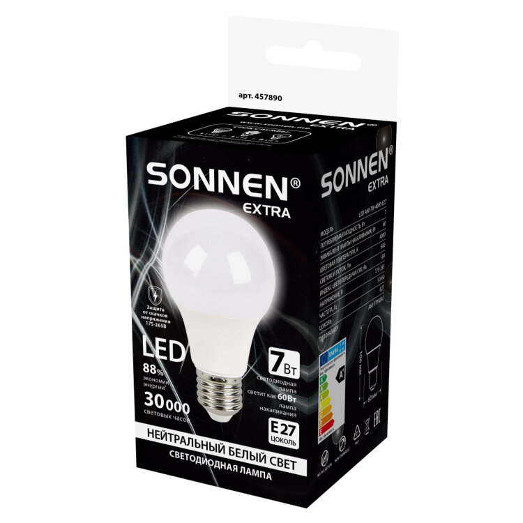 Лампа светодиодная SONNEN EXTRA, 7 (60) Вт, Е27, груша, нейтральный белый, 30000 ч, LED A60-7W-4000-Е27, 457890, 457890