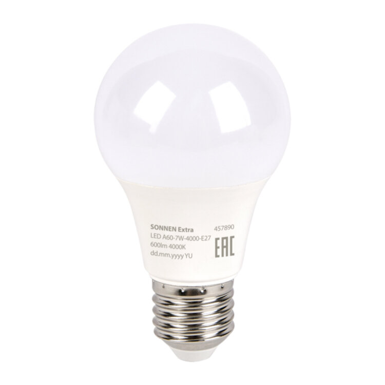 Лампа светодиодная SONNEN EXTRA, 7 (60) Вт, Е27, груша, нейтральный белый, 30000 ч, LED A60-7W-4000-Е27, 457890, 457890