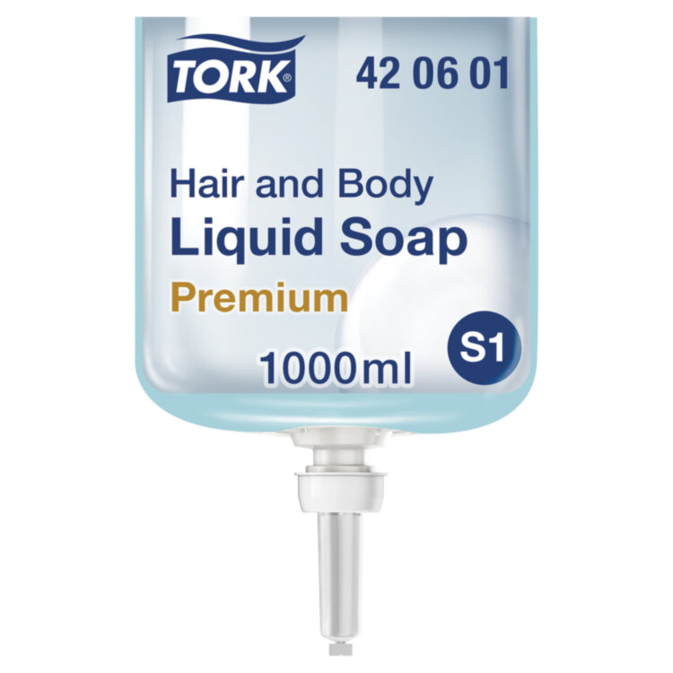 Картридж с жидким мылом-гелем для тела и волос одноразовый TORK (Система S1) Premium, 1 л, 421601, 420601, 602955